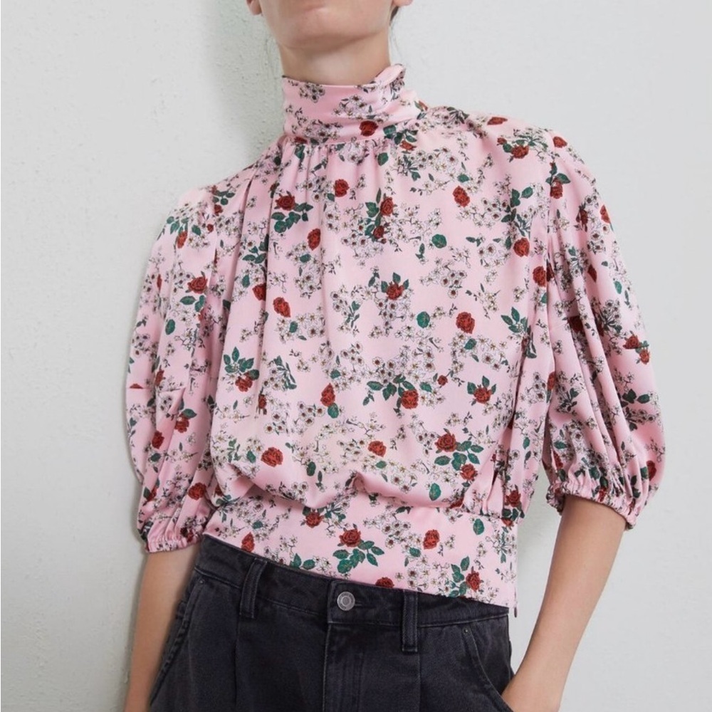 Zara High Neck Pink Floral Puff Sleeve Top Size M